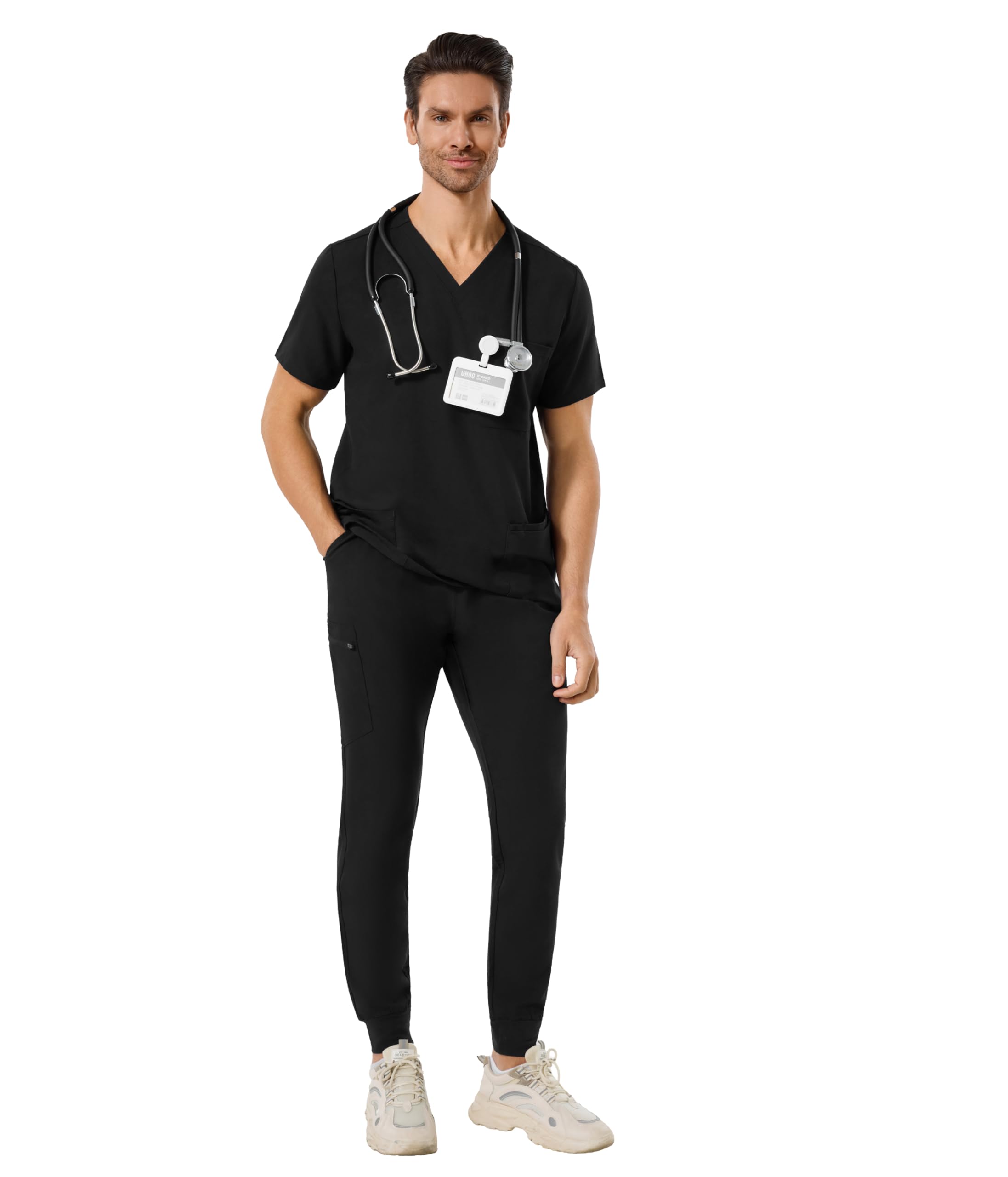 SUNCHIRI Men's Scrub Set - 4 Pockets Stretchy V-Neck Scrub Top & 5 Pockets Jogger Pants, Anti-Wrinkle Scrubs